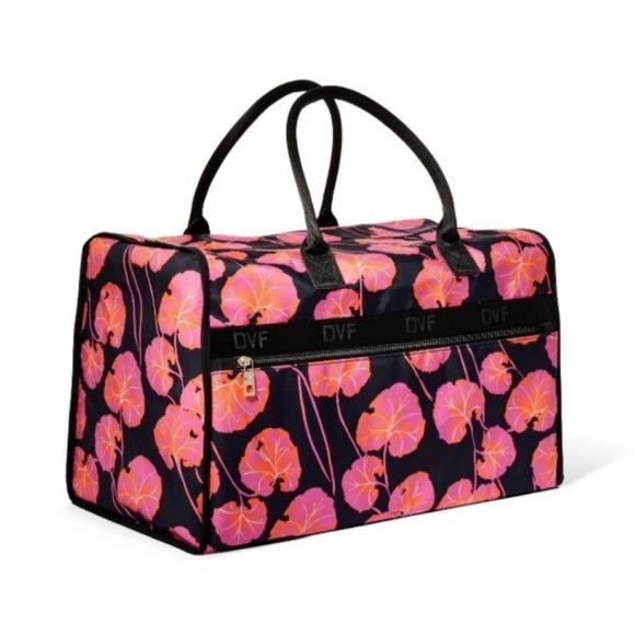 DVF Pink Geranium Leaf Pattern Black Overnight Weekender Travel Bag - Picture 2 of 4